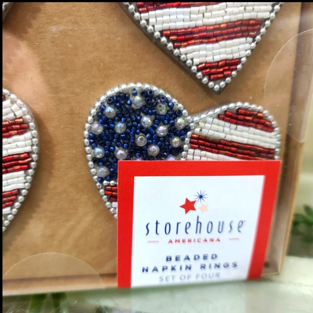 x4 July 4th Patriotic Heart Americana Beaded Napkin Rings & Table Runner Set New